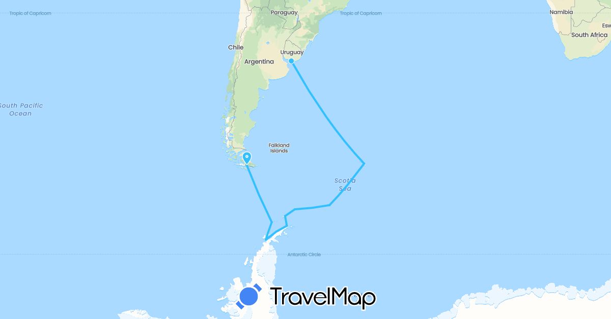 TravelMap itinerary: driving, boat in Argentina, Uruguay (South America)